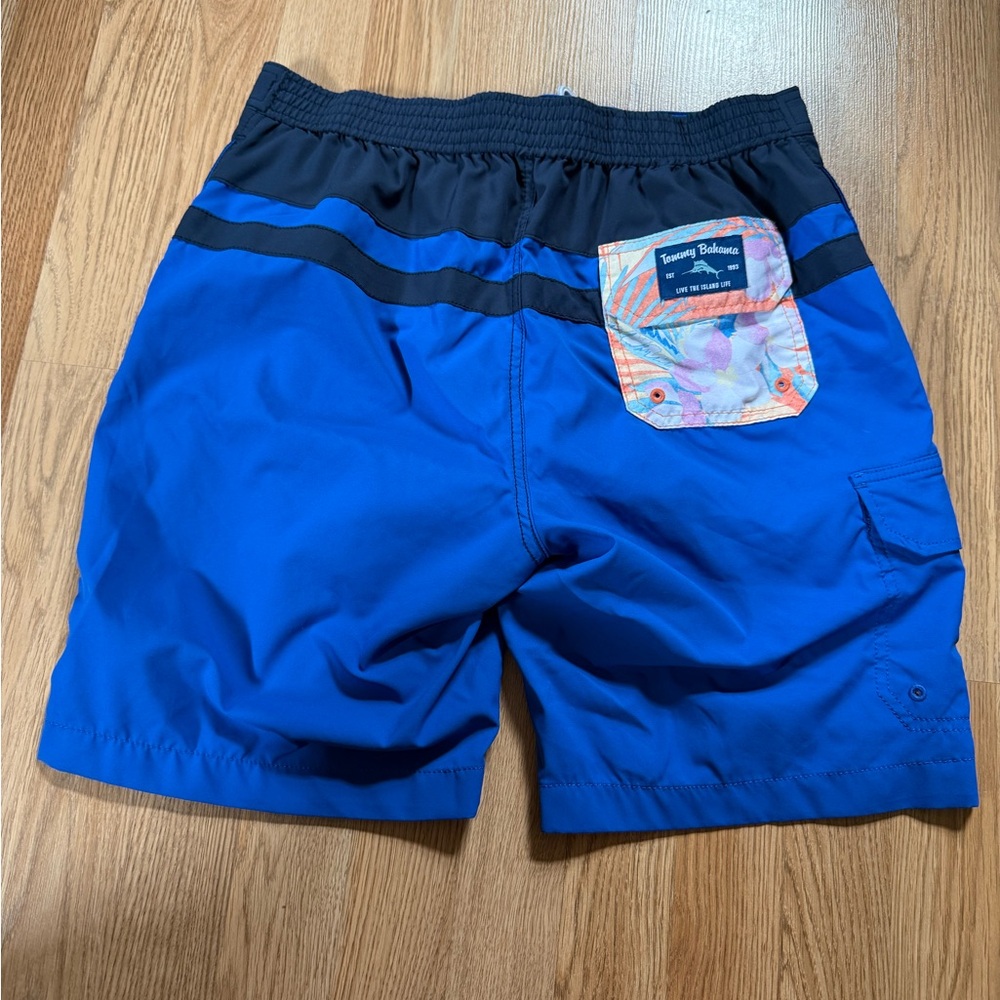 Tommy Bahama Blue Swim Shorts with Black Waistband and Multicolor Pocket